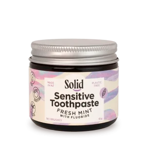 solid sensitive toothpaste jar in fresh mint - plastic free