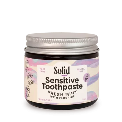 solid sensitive toothpaste jar in fresh mint - plastic free