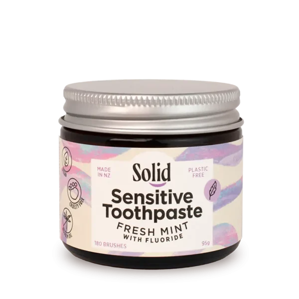 solid sensitive toothpaste jar in fresh mint - plastic free