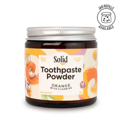 solid orange toothpaste powder jar - plastic free